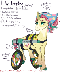 Size: 1436x1697 | Tagged: safe, artist:caffeinatedcarny, imported from derpibooru, fluttershy, pony, unicorn, alternate cutie mark, alternate universe, bandana, blaze (coat marking), cloven hooves, coat markings, colored hooves, colored horn, curved horn, disabled, facial markings, gradient legs, headcanon, horn, implied applejack, implied pinkie pie, implied tree hugger, implied twilight sparkle, implied twilight twinkle, leonine tail, lgbt, lgbt headcanon, lgbtq, lidded eyes, nonbinary, pronouns, race swap, redesign, saddle blanket, scrunchie, simple background, smiling, solo, tail, unicorn fluttershy, unshorn fetlocks, wheelchair, white background