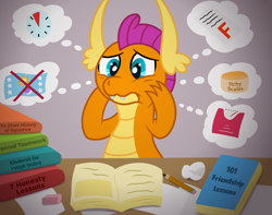 Size: 3300x2605 | Tagged: safe, artist:sweetielover, imported from derpibooru, smolder, dragon, atg 2024, book, clock, cream, dragoness, eraser, female, flag, flag of equestria, friendship student, high res, newbie artist training grounds, paper, pencil, scale, simple background, solo, stressed, studying, test, thinking bubble, worried