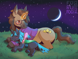 Size: 1700x1300 | Tagged: safe, artist:furufoo, imported from derpibooru, oc, oc:changeling filly anon, oc:filly anon, changeling, horse, pony, unicorn, brush, brushing mane, clothes, cloven hooves, cute, cutie mark, duo, ear piercing, earring, female, filly, glasses, hairbrush, hooves, horn, jewelry, magic, moon, my little pony, night, piercing, smiling, sweater