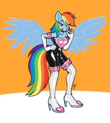 Size: 2950x3300 | Tagged: safe, artist:latexia, imported from derpibooru, rainbow dash, anthro, pegasus, abstract background, bedroom eyes, boots, breasts, clothes, commission, cosplay, costume, evening gloves, female, gloves, high heel boots, high res, latex, latex gloves, latex suit, long gloves, open mouth, open smile, rainbow dash always dresses in style, rouge the bat costume, shoes, smiling, solo, sonic the hedgehog (series), tail, wings