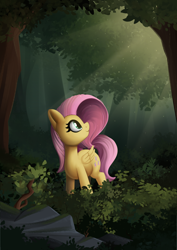 Size: 2480x3508 | Tagged: safe, artist:andelai, imported from derpibooru, fluttershy, pegasus, pony, bush, forest, nature, rock, solo, stone, tree