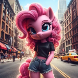 Size: 1024x1024 | Tagged: safe, imported from derpibooru, pinkie pie, anthro, ai content, ai generated, city, female, manhattan, new york city, prompter:pinkiepiepics, solo, street, taxi