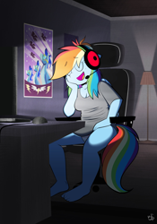 Size: 2398x3433 | Tagged: safe, artist:latexia, imported from derpibooru, rainbow dash, anthro, pegasus, barefoot, breasts, chair, cleavage, clothes, computer, computer mouse, eyes closed, feet, headphones, indoors, lamp, office chair, open mouth, open smile, panties, poster, room, shirt, sitting, smiling, tail, underwear, wonderbolts