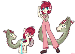 Size: 2500x1800 | Tagged: safe, alternate version, artist:eilidh-draw, imported from derpibooru, oc, oc only, oc:cindy/silvia, earth pony, human, original species, pony, equestria girls, augmented, augmented tail, clothes, commission, cute, duality, equestria girls-ified, eyes closed, female, flexing, flower, flower in hair, freckles, human ponidox, mare, markings, overalls, pants, parasite, paraspone, raised hoof, self paradox, self ponidox, shirt, shoes, simple background, solo, sweater, tail, transparent background, unshorn fetlocks, wyrm