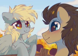 Size: 1469x1061 | Tagged: safe, artist:mirtash, imported from derpibooru, derpy hooves, doctor whooves, time turner, earth pony, pegasus, pony, big eyes, blonde mane, blue eyes, blushing, brown coat, brown mane, chest fluff, cloud, colored, countershading, cute, day, derpabetes, detailed background, doctorbetes, doctorderpy, duo, duo male, ear fluff, eye clipping through hair, eyelashes, female, fence, flower, flower field, gray coat, lidded eyes, looking at each other, looking at someone, male, mare, missing accessory, outdoors, partially open wings, raised hooves, shiny eyes, shiny mane, shipping, sky, smiling, smiling at each other, stallion, starry eyes, straight, sunflower, wavy mouth, wing fluff, wingding eyes, wings, wooden fence