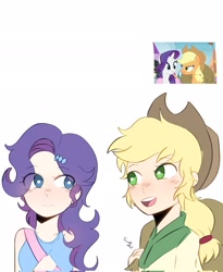 Size: 1677x2048 | Tagged: safe, artist:eltrash_art6, artist:trash-art06, imported from derpibooru, applejack, rarity, human, alternate hairstyle, applejack's hat, bag, blushing, clothes, cowboy hat, duo, duo female, female, hat, humanized, lesbian, looking at each other, looking at someone, open mouth, rarijack, screencap reference, shipping, shirt, simple background, tanktop, white background