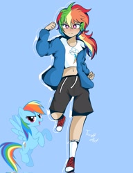 Size: 1571x2048 | Tagged: safe, artist:eltrash_art6, artist:trash-art06, imported from derpibooru, rainbow dash, human, pegasus, pony, alternate hairstyle, belly button, clothes, converse, grin, hoodie, humanized, midriff, multicolored hair, ponytail, rainbow hair, shirt, shoes, shorts, smiling, socks, solo, sports shorts, t-shirt, white pupils