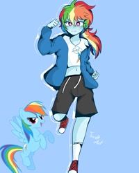 Size: 1080x1350 | Tagged: safe, alternate version, artist:eltrash_art6, artist:trash-art06, imported from derpibooru, rainbow dash, pegasus, pony, equestria girls, alternate hairstyle, belly button, clothes, converse, grin, hoodie, midriff, multicolored hair, ponytail, rainbow hair, shirt, shoes, shorts, smiling, socks, solo, sports shorts, t-shirt, white pupils