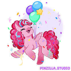 Size: 640x640 | Tagged: safe, artist:pinzillastudio, imported from derpibooru, oc, oc only, classical hippogriff, hippogriff, balloon, confetti, eyes closed, female, floating, fusion, fusion:pinkie pie, fusion:pinkiestream, fusion:silverstream, hippogriff oc, open mouth, open smile, simple background, small wings, smiling, solo, stars, white background, wings