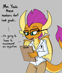 Size: 2160x2538 | Tagged: safe, artist:tjpones, imported from derpibooru, smolder, anthro, dragon, clipboard, clothes, dialogue, dragoness, explicit source, female, glasses, grammar error, gray background, high res, lab coat, simple background, solo