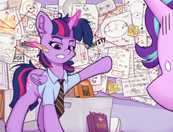 Size: 1200x916 | Tagged: safe, artist:zeepheru_pone, imported from derpibooru, starlight glimmer, twilight sparkle, alicorn, pony, unicorn, atg 2024, book, clothes, conspiracy theory, duo, female, horn, it's always sunny in philadelphia, mare, math, meme, necktie, newbie artist training grounds, paper, pepe silvia, ponified meme, quill, shirt