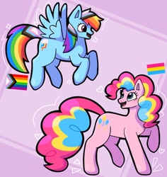 Size: 640x678 | Tagged: safe, artist:furiitha096, imported from derpibooru, pinkie pie, rainbow dash, earth pony, pegasus, pony, alternate mane color, duo, duo female, female, flying, heart, looking at someone, open mouth, open smile, pansexual pride flag, pride, pride flag, pride month, progressive pride flag, raised hoof, smiling, sparkles