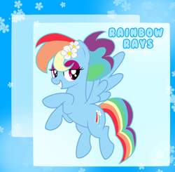 Size: 640x628 | Tagged: safe, artist:various-engineer2114, imported from derpibooru, rainbow dash, pegasus, pony, alternate cutie mark, alternate design, alternate hairstyle, alternate name, daisy (flower), eyeshadow, female, flower, flower in hair, flying, lidded eyes, makeup, mare, rainbow dash always dresses in style, smiling, solo