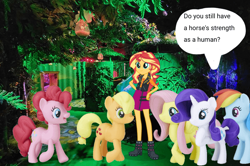 Size: 640x426 | Tagged: safe, artist:revolutionarygrape11, imported from derpibooru, applejack, fluttershy, pinkie pie, rainbow dash, rarity, sunset shimmer, earth pony, human, pegasus, pony, unicorn, equestria girls, boots, clothes, dream, female, freckles, hand on hip, horn, open mouth, open smile, room, shoes, skirt, smiling, speech bubble