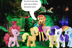 Size: 640x426 | Tagged: safe, artist:revolutionarygrape11, imported from derpibooru, applejack, fluttershy, pinkie pie, rainbow dash, rarity, sunset shimmer, bird, earth pony, human, pegasus, pony, toucan, unicorn, equestria girls, boots, clothes, dream, female, freckles, hand on hip, horn, open mouth, open smile, room, shoes, skirt, smiling, speech bubble