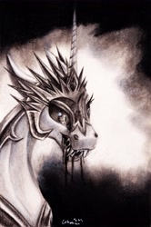 Size: 3990x6021 | Tagged: safe, artist:cahandariella, imported from derpibooru, daybreaker, alicorn, atg 2024, bust, charcoal (medium), fangs, monochrome, newbie artist training grounds, portrait, solo, traditional art