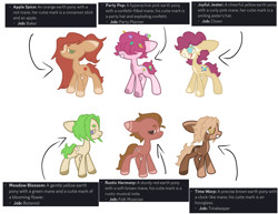 Size: 1280x990 | Tagged: safe, artist:cementchip, imported from derpibooru, oc, oc only, oc:apple spice, oc:joyful jester, oc:meadow blossom, oc:party pop, oc:rustic harmony, oc:time warp, earth pony, pony, base used, blaze (coat marking), clown makeup, coat markings, confetti, confetti in mane, facial markings, freckles, hair over eyes, offspring, pale belly, parent:applejack, parent:big macintosh, parent:caramel, parent:cheese sandwich, parent:derpy hooves, parent:doctor whooves, parent:fluttershy, parent:pinkie pie, parents:carajack, parents:cheesepie, parents:doctorderpy, parents:fluttermac, simple background, socks (coat markings), text, white background