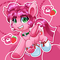 Size: 4000x4000 | Tagged: safe, artist:partypievt, imported from derpibooru, oc, bat pony, pony, bat pony oc, bat wings, care bears, cat eyes, choker, clothes, fangs, food, hooves, looking at you, ponified, ribbon, slit eyes, slit pupils, smiling, smiling at you, socks, solo, strawberry, streamer, thigh highs, wings