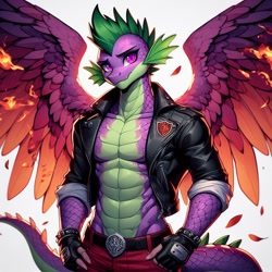 Size: 1024x1024 | Tagged: safe, imported from derpibooru, spike, anthro, ai content, ai generated, clothes, feathered wings, fingerless gloves, fusion, g4, gloves, jacket, leather, leather jacket, male, open clothes, open jacket, photo, solo, wings