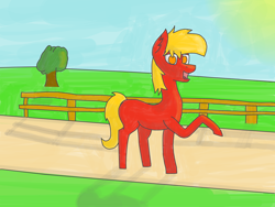 Size: 4080x3060 | Tagged: safe, artist:kokopingas98, imported from derpibooru, oc, oc only, oc:fez, earth pony, pony, pony town, crepuscular rays, default, digital art, fanart, fence, grass, grass field, happy, sky, solo, solo focus, sun, sunlight, tree, video game, walking
