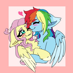 Size: 2048x2048 | Tagged: safe, artist:kittygutzzart, imported from derpibooru, fluttershy, rainbow dash, pegasus, pony, blush lines, blushing, bust, chest fluff, cuddling, ear fluff, eyebrows, eyebrows visible through hair, eyes closed, female, flutterdash, heart, high res, hoof fluff, hug, lesbian, mare, passepartout, pink background, shipping, simple background