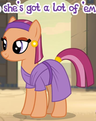 Size: 526x662 | Tagged: safe, imported from derpibooru, aroma hathor, earth pony, pony, background pony, clothes, cropped, dress, ear piercing, earring, english, female, gameloft, jewelry, mare, meme, piercing, solo, text, wow! glimmer