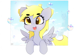 Size: 4000x3000 | Tagged: safe, artist:zokkili, imported from derpibooru, derpy hooves, pegasus, pony, beanbrows, bubble, canterlot, cute, derp, derpabetes, eye clipping through hair, eyebrows, eyebrows visible through hair, female, high res, looking at you, mare, open mouth, open smile, signature, simple background, smiling, smiling at you, solo, spread wings, transparent background, wings