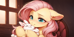 Size: 2400x1200 | Tagged: safe, imported from derpibooru, fluttershy, pegasus, pony, rabbit, ai content, ai generated, animal, cute, ear fluff, floppy ears, happy, hooves, hug, prompter:greesys, smiling, solo, window