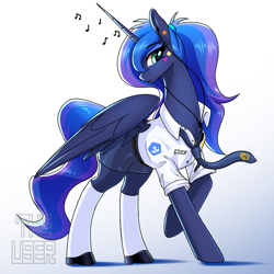 Size: 1280x1280 | Tagged: safe, artist:theuser, imported from derpibooru, princess luna, alicorn, pony, clothes, horn, school uniform, socks, solo