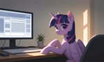 Size: 3200x1920 | Tagged: safe, editor:derp621, imported from derpibooru, twilight sparkle, alicorn, pony, ai content, ai generated, chair, computer mouse, desk, flower pot, generator:tponynai3, keyboard, looking at you, monitor, office chair, prompt in description, prompter:derp621, solo, table, twilight sparkle (alicorn)