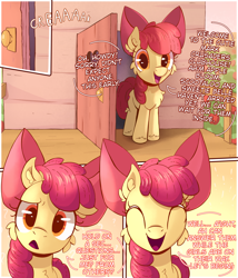 Size: 2480x2893 | Tagged: safe, artist:candy meow, imported from derpibooru, apple bloom, earth pony, pony, ^^, apple, apple bloom's bow, apple tree, ask, bow, clubhouse, comic, confused, crusaders clubhouse, eyes closed, female, filly, foal, food, hair bow, happy, implied scootaloo, implied sweetie belle, mlp art ask (ru), smiling, solo, speech bubble, text, translation, tree