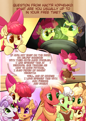 Size: 2480x3493 | Tagged: safe, artist:candy meow, imported from derpibooru, apple bloom, applejack, big macintosh, granny smith, scootaloo, sweetie belle, zecora, earth pony, pegasus, pony, unicorn, zebra, :o, :p, apple bloom's bow, applejack's hat, ask, big macintosh's yoke, book, bow, breaking the fourth wall, clothes, cowboy hat, cyrillic, dancing, dress, ear piercing, earring, female, filly, foal, granny smith's shawl, hair bow, hat, horn, horse collar, jewelry, looking at each other, looking at someone, looking down, male, mare, mlp art ask (ru), open mouth, piercing, pony pile, pot, reading, relaxed, russian, scarf, scroll, shoes, smiling, speech bubble, stallion, text, tongue out, tower of pony