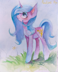 Size: 2764x3427 | Tagged: safe, artist:unclechai, idw, imported from derpibooru, radiant hope, crystal pony, unicorn, blue eyes, blue eyeshadow, blue mane, eyeshadow, female, horn, looking at something, makeup, standing, traditional art, watercolor painting