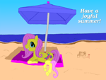 Size: 4000x3000 | Tagged: safe, artist:8968, ponerpics exclusive, fluttershy, parasol, pegasus, pony, beach, beach towel, english, looking at you, mixed media, ocean, postcard, prone, sandcastle, smiling, smiling at you, solo, teeth, text, underhoof