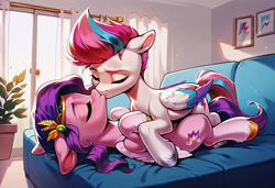 Size: 1600x1095 | Tagged: safe, imported from derpibooru, pipp petals, zipp storm, pegasus, pony, ai content, ai generated, couch, eyes closed, female, floppy ears, g5, generator:pony diffusion v6 xl, generator:stable diffusion, incest, kiss on the lips, kissing, lesbian, living room, lying down, lying on top of someone, making out, on back, petalstorm, prompter:shazamjr, royal sisters (g5), shipping, siblings, sisters