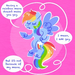 Size: 2048x2048 | Tagged: safe, artist:almadash, imported from derpibooru, rainbow dash, pegasus, pony, abstract background, circle background, dialogue, eyes closed, female, flying, high res, hoof on hip, implied lesbian, mare, outline, pride month, solo, speech bubble, spread wings, wings