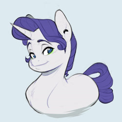 Size: 2048x2052 | Tagged: safe, artist:chub-wub, imported from derpibooru, rarity, pony, unicorn, agender, alternate hairstyle, blue background, blue eyes, blushing, colored, colored eyebrows, ear piercing, earring, eyeshadow, flat colors, green eyeshadow, high res, horn, jewelry, looking back, makeup, missing cutie mark, no pupils, piercing, purple mane, purple tail, requested art, ringlets, short mane, short mane rarity, simple background, smiling, solo, tail, unicorn horn, white coat