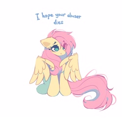 Size: 3000x2952 | Tagged: safe, artist:mirtash, imported from derpibooru, fluttershy, pegasus, pony, bags under eyes, blue text, colored, colored pinnae, cute, dissonant caption, ear fluff, ear tufts, eye clipping through hair, eyebrows, eyebrows visible through hair, eyelashes, female, high res, long mane, long tail, mare, no pupils, partially open wings, pink mane, pink tail, shiny eyes, shyabetes, simple background, sitting, smiling, solo, tail, teal eyes, text, white background, wing fluff, wings, yellow coat