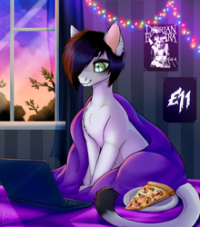 Size: 2392x2713 | Tagged: safe, artist:lina, imported from derpibooru, oc, oc only, cat, cat pony, original species, background, bed, bedroom, blanket, cloud, computer, food, garland, laptop computer, piercing, pizza, poster, room, sitting, sun, sunset, window