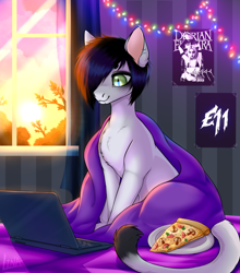 Size: 2392x2713 | Tagged: safe, alternate version, artist:lina, imported from derpibooru, oc, oc only, cat, cat pony, original species, background, bed, bedroom, blanket, cloud, computer, food, garland, laptop computer, piercing, pizza, poster, room, sitting, sun, sunset, window