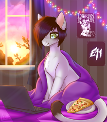 Size: 2392x2713 | Tagged: safe, alternate version, artist:lina, imported from derpibooru, oc, oc only, cat, cat pony, original species, background, bed, bedroom, blanket, cloud, computer, food, garland, laptop computer, piercing, pizza, poster, room, sitting, sun, sunset, window