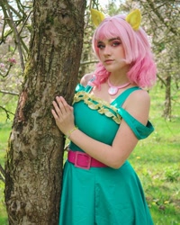 Size: 1080x1351 | Tagged: safe, artist:gianaxrose, imported from derpibooru, fluttershy, human, clothes, cosplay, costume, irl, irl human, photo, solo, tree