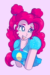 Size: 1365x2048 | Tagged: safe, artist:mscolorsplash, imported from derpibooru, pinkie pie, equestria girls, 2d, adorable face, breasts, cleavage, clothes, curly hair, cute, cutie mark, cutie mark on clothes, diapinkes, equestria girls specials, female, hair bun, hairband, my little pony equestria girls: sunset's backstage pass, open mouth, open smile, pink background, sideburns, simple background, smiling, solo