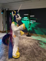 Size: 2976x3968 | Tagged: safe, artist:atalonthedeer, artist:tapewolf, imported from derpibooru, princess celestia, fursuit, indoors, irl, jewelry, photo, ponysuit, regalia, solo