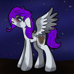 Size: 1280x1280 | Tagged: safe, artist:doodle-hooves, imported from derpibooru, oc, oc only, oc:morning glory (project horizons), pegasus, pony, fallout equestria, fallout equestria: project horizons, amputee, bandage, colored wings, crying, dashite, dashite brand, fanfic art, female, injured, looking up, mare, messy mane, missing limb, missing wing, night, one winged pegasus, pegasus oc, sad, shipping, signature, solo, stars, stump, two toned wings, wings