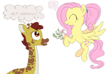 Size: 1057x733 | Tagged: safe, artist:kleyime, clementine, fluttershy, giraffe, pegasus, pony, branches, feeding, flying, ponytail, thought bubble