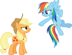 Size: 3934x3000 | Tagged: safe, artist:cloudy glow, imported from derpibooru, applejack, rainbow dash, earth pony, pegasus, non-compete clause, .ai available, appleglare, applejack's hat, cowboy hat, duo, duo female, female, glare, hat, looking up, simple background, transparent background, vector