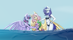 Size: 821x446 | Tagged: safe, artist:kutoshi, imported from derpibooru, fluttershy, rarity, spike, twilight sparkle, alicorn, anthro, dragon, pegasus, unicorn, age difference, belly button, bikini, breasts, clothes, ear fluff, female, flutterspike, g4, harem, horn, lucky bastard, male, older, older spike, ship:flutterspike, ship:sparity, ship:twispike, shipping, sparity, spike gets all the mares, spikelove, straight, swimsuit, teenage spike, teenaged dragon, teenager, twilight sparkle (alicorn), twispike, wings