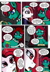 Size: 2480x3508 | Tagged: safe, artist:dsana, imported from derpibooru, fizzlepop berrytwist, tempest shadow, oc, oc:aunt beet, earth pony, pony, comic:a storm's lullaby, comic, dialogue, disguise, duo, duo female, female, mare, race swap, speech bubble