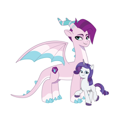 Size: 4096x4096 | Tagged: safe, artist:prixy05, imported from derpibooru, rarity, dragon, pony, unicorn, spoiler:g5, absurd resolution, dragoness, duo, duo female, female, g4 to g5, g5, generation leap, horn, jade (g5), mare, my little pony: tell your tale, simple background, white background